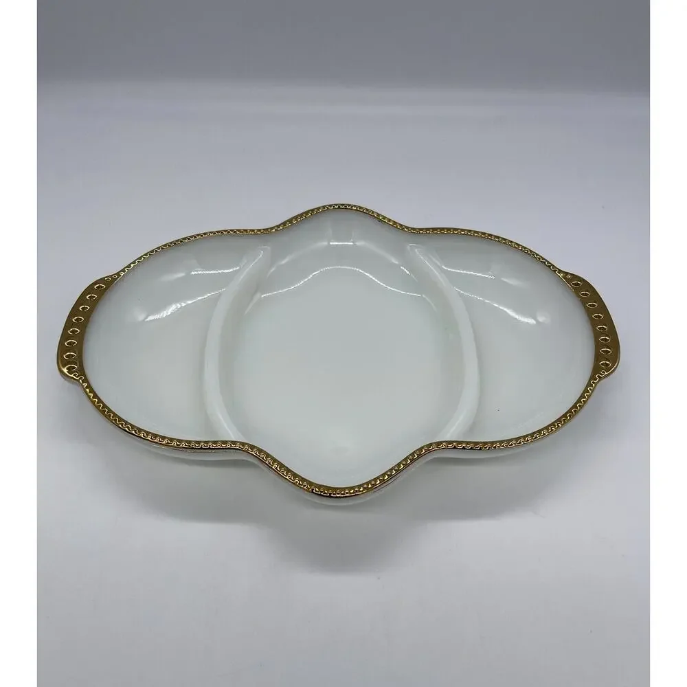 Vintage Milk Glass Fire King Anchor Hocking Relish/Serving Tray with Gold Trim